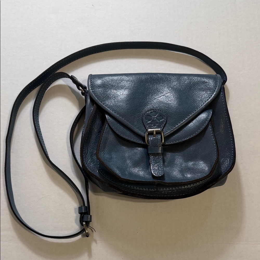 Patricia Nash Penrose Double Pocket Small Saddle bag in Safflower Blue leather.
